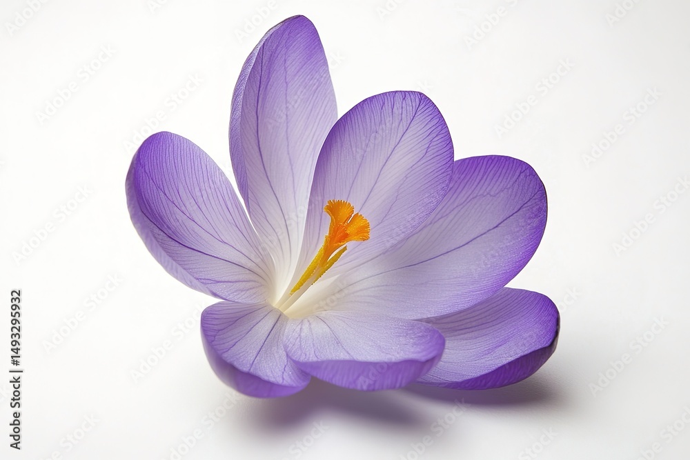 Fototapeta premium A small purple crocus with delicate petals and a soft yellow center, isolated on a white background
