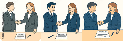 Collection of men and women shaking hands after signing a contract (wearing formal business attire) style vector flat design