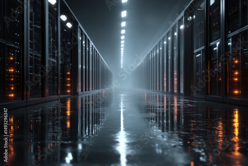 Futuristic data center with rows of servers and blinking lights.