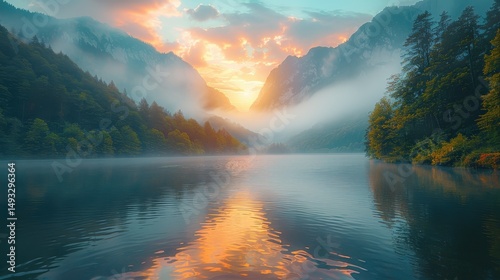 Misty Mountain Lake Sunrise Serene Nature Photography