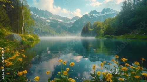 Serene Mountain Lake with Blooming Yellow Flowers A Breathtaking Landscape