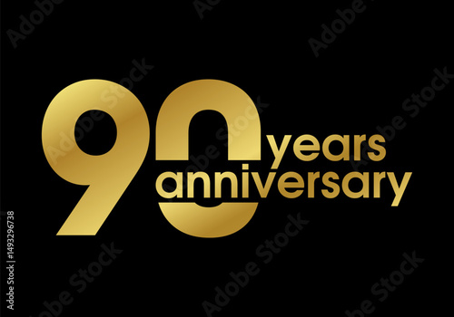 90 years anniversary logo, icon or badge. 90th birthday golden sign. Jubilee celebration, wedding, invitation card design element. Vector illustration.