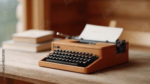 vintage typewriter sits on mid-century desk representing writing and creativity