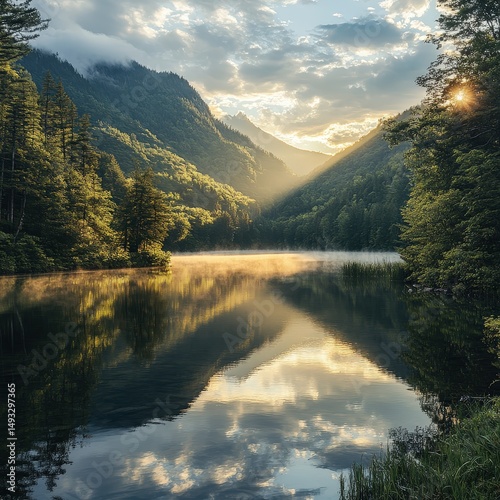 Serene Sunrise over Mountain Lake Breathtaking Nature Photography