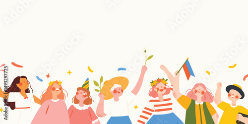 A festive illustration of a cheerful gathering, capturing a moment of joyful celebration with colorful flags and confetti, symbolizing happiness and togetherness.