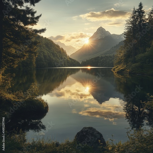 Serene Sunset over Mountain Lake Reflection