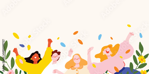 A vibrant group of women, a joyful celebration, confetti raining down. Celebrating the beauty of womanhood with a colorful party.