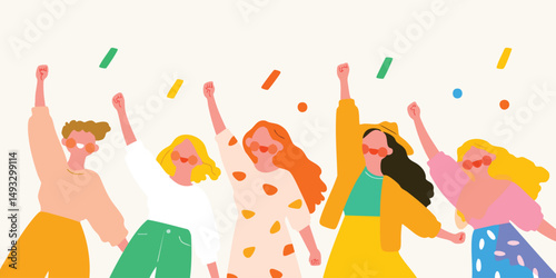 A group of six diverse women celebrate joyfully with raised arms, confetti swirling around them in a vibrant illustration. Their beaming smiles embody the spirit of friendship and celebration.