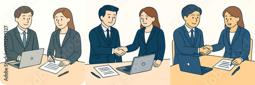 Collection of men and women shaking hands after signing a contract (wearing formal business attire) style vector flat design