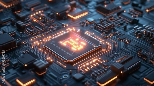 Digital Core: A detailed macro shot of a cutting-edge computer central processing unit(CPU), highlighting the intricate circuits and illuminated microchips, showcasing the heart of modern technology.