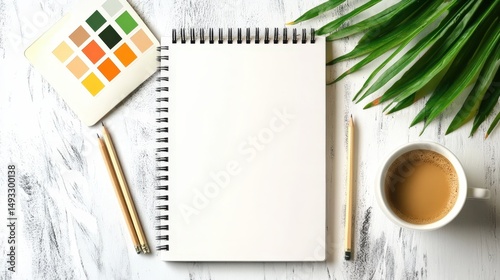 Blank notepad with pencils and color palette on a wooden table beside a coffee cup