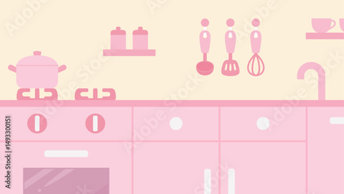 かわいいキッチンの背景イラスト_ピンク_16:9