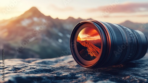 Camera lens resting on a rock with a mountain sunset reflected, showcasing nature's beauty