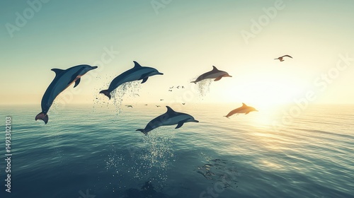 Dolphins leaping joyfully above calm ocean waters at sunset, with birds flying in the background