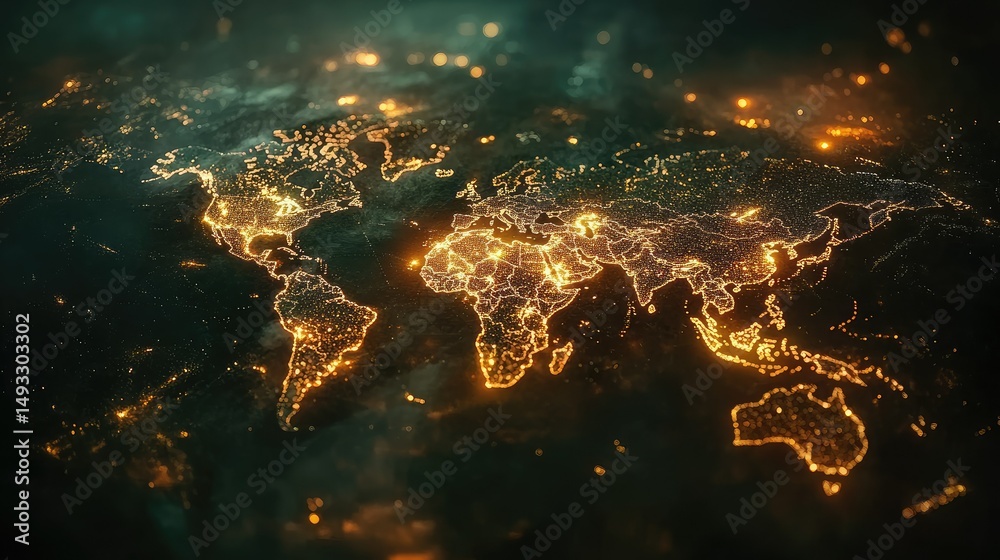 Obraz premium Illuminated world map, showcasing global connectivity and energy