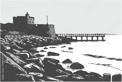  cinematic, dramatic, moody, black and white, long exposure, rocky coastline, partially submerged jetty, offshore fortress, coastal defense structure, gloomy overcast sky, atmospheric, peaceful, ser