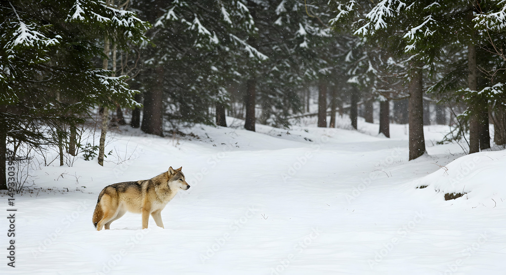 Naklejka premium wolf, lone wolf, winter, Lone Wolf in Snowy Winter Forest