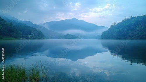 Serene Mountain Lake at Dawn Misty Reflection Photography