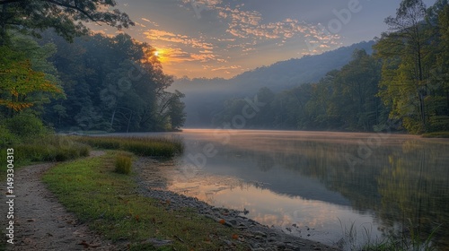 Serene Sunrise over Misty Mountain Lake A Breathtaking Nature Photography