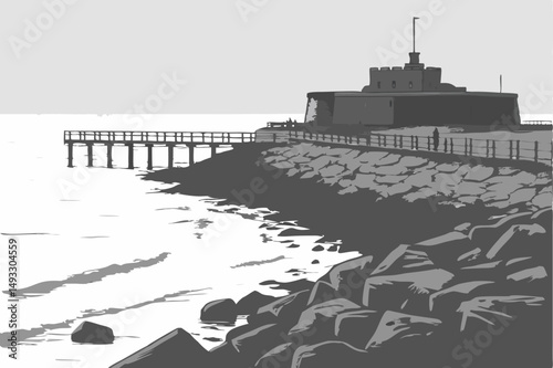  cinematic, dramatic, moody, black and white, long exposure, rocky coastline, partially submerged jetty, offshore fortress, coastal defense structure, gloomy overcast sky, atmospheric, peaceful, ser