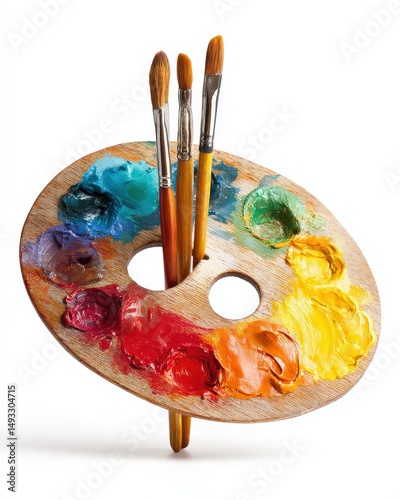 Vibrant artist's palette with paint and brushes. Ready for creative expression!