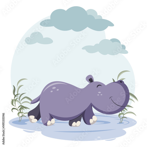 Cartoon cute hippo in flat style