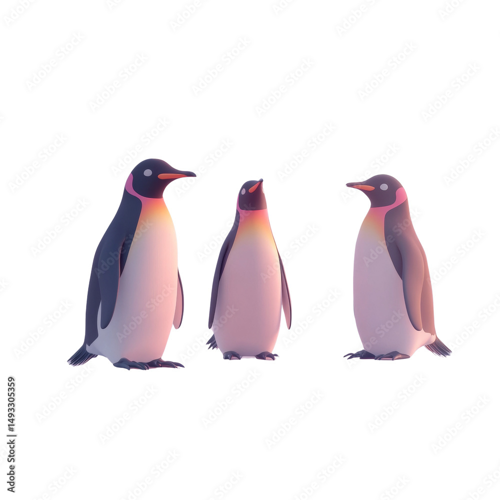 Naklejka premium Three endearing emperor penguins stand in formation on a blank canvas