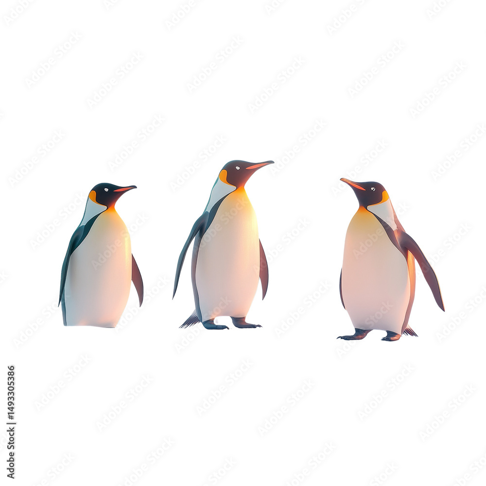 Fototapeta premium Three Emperor Penguins Standing on White Background, Antarctic Wildlife