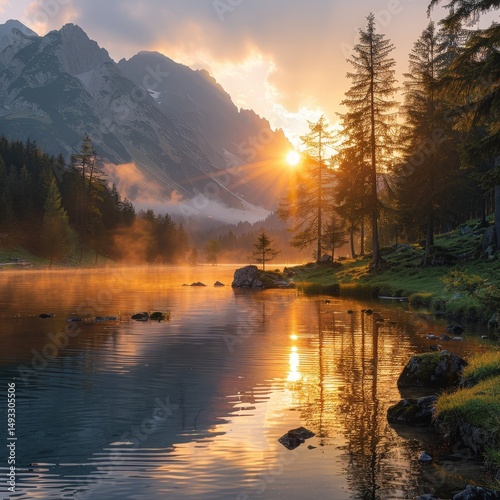 Majestic Sunset over Mountain Lake Serene Nature Photography