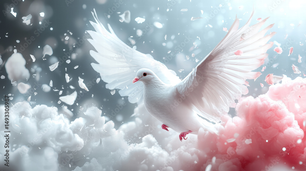 Fototapeta premium White dove soaring gracefully through dreamy landscape filled with soft clouds and delicate petals, evoking sense of peace and tranquility