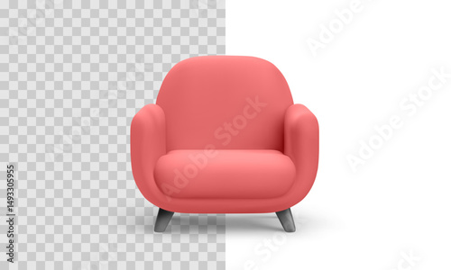 Armchair Rendered in Soft 3D Minimal Cartoon Style with Rounded Edges and Matte Finish, Centered Front View, Perfect for Interior, Furniture, and Comfort Concepts. Vector Illustration.