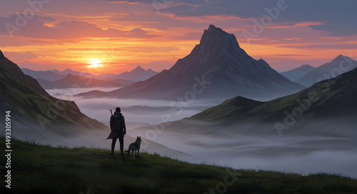 Majestic Sunrise Mountain Landscape Man Dog Hiking Adventure photo