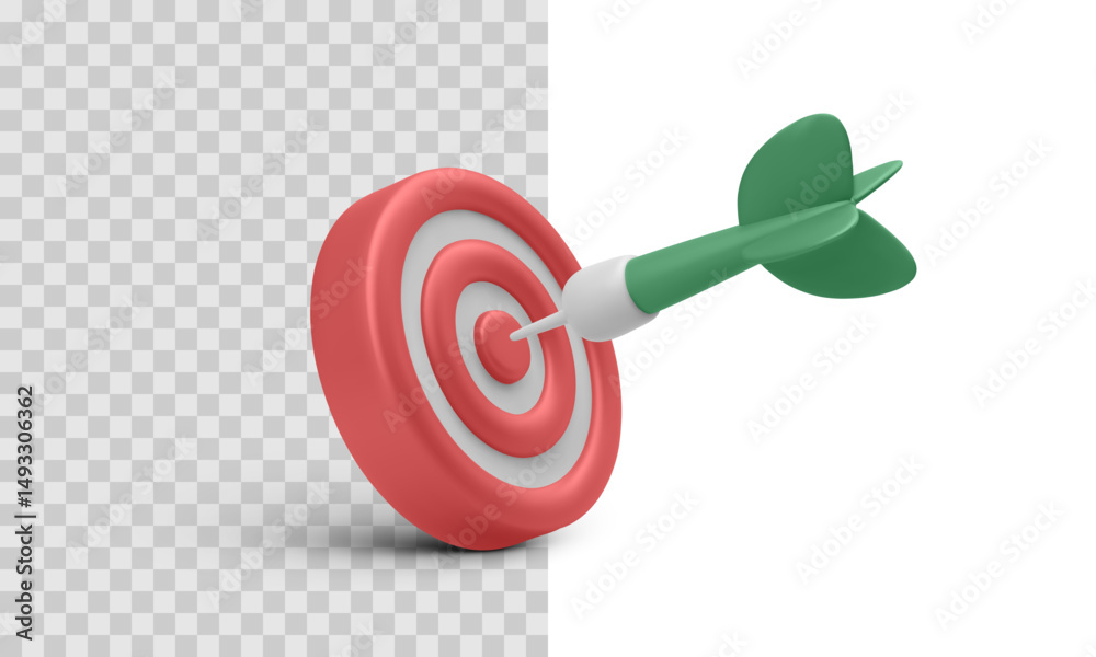 Minimalist vector illustration of a dart hitting the red target center, perfect for concepts like precision, goals, or marketing accuracy. 3d render, realistic design.