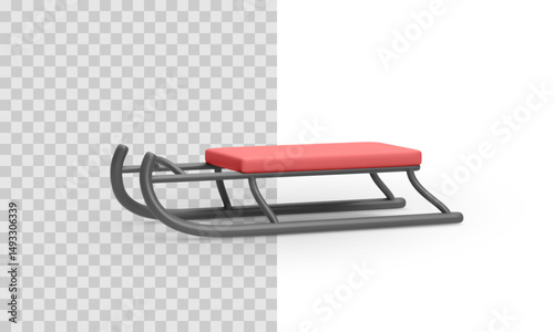 Realistic vector illustration of metal sled with red cushion seat. 3D render icon isolated on transparent and white background. Perfect for winter and sport themes.