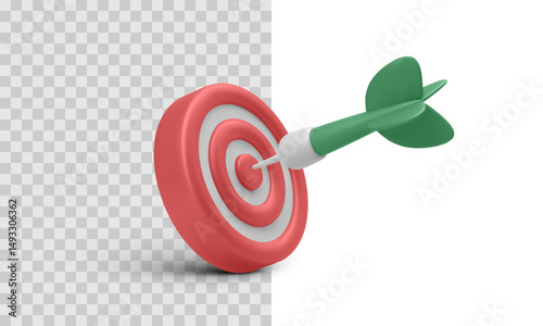 Minimalist vector illustration of a dart hitting the red target center, perfect for concepts like precision, goals, or marketing accuracy. 3d render, realistic design.