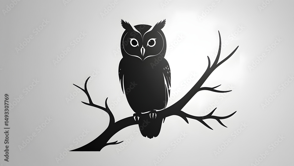 Fototapeta premium Owl perched on branch minimalist design digital art calm environment frontal view nature concept