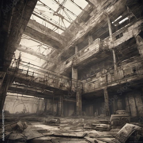 Gum Bichromate Rendering of Blueprint-Style Post-Apocalyptic Ruins for SD Prompt photo