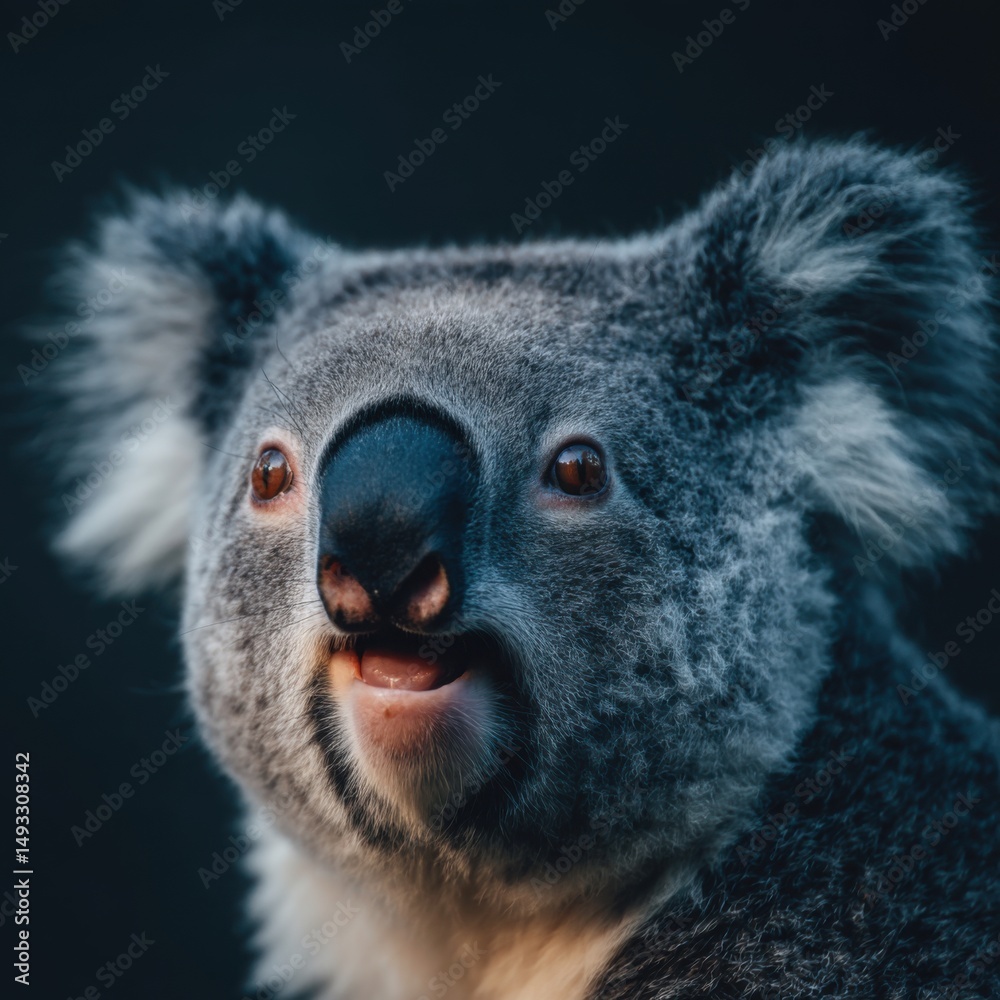 Obraz premium Close up portrait of a cute gray koala looking up with a curious expression in a dark background in Australia