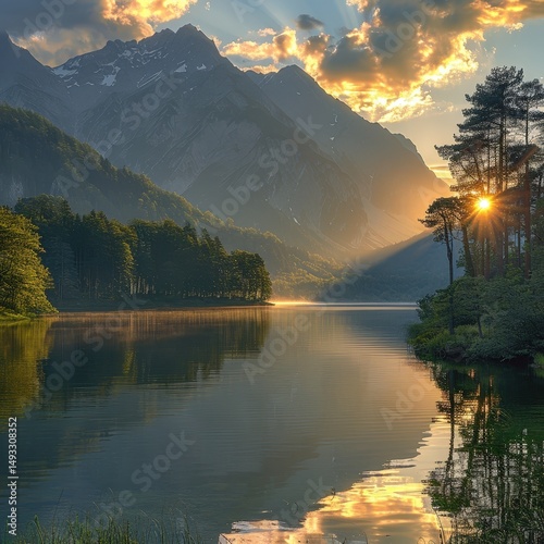 Serene Sunset over Mountain Lake Peaceful Nature Photography