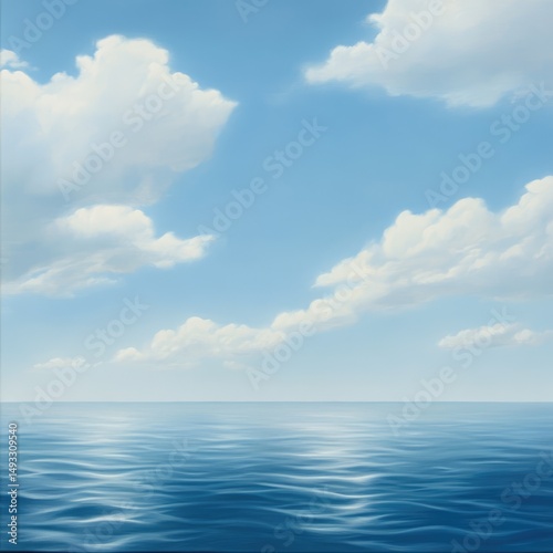 A serene ocean view with calm waters and fluffy clouds offers a peaceful escape into nature's soothing embrace