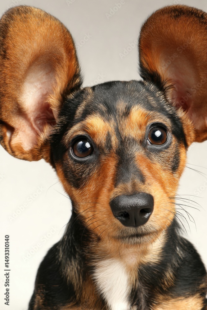 Close up portrait of a cute dog with big ears looking at the camera in studio shot on light background Close up portrait of a cute dog with big ears looking at the camera in studio shot on light background