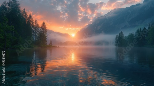 Serene Sunrise over Mountain Lake Breathtaking Nature Photography