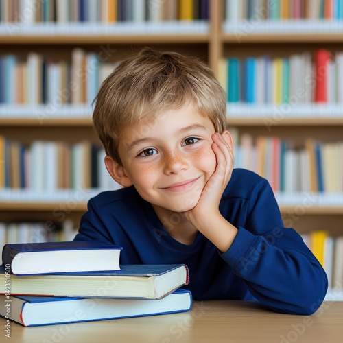 A young boy with a contemplative expression enjoys reading in a cozy library, symbolizing curiosity and the joy of learning