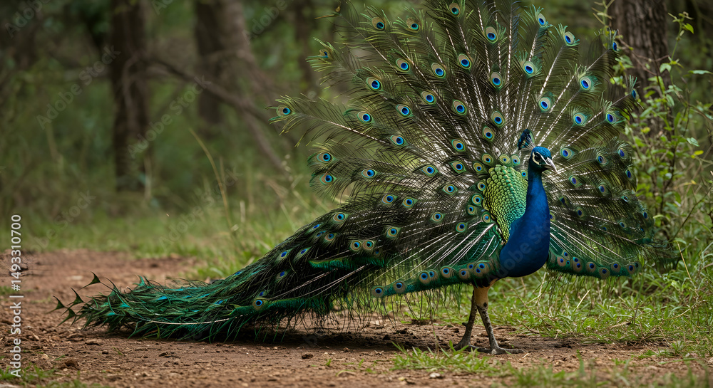 Obraz premium peacock, peafowl, bird, Majestic Peacock Displaying its Plumage in a Natural Setting