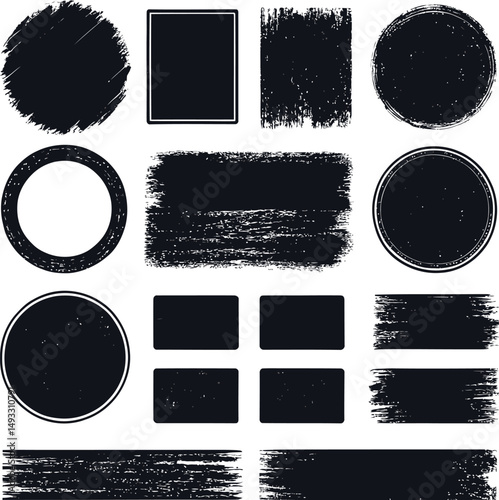 set of grunge frames, Universal geometric shapes in grunge and halftone style, circles, rectangles, squares, with the effect of splashes, torn sides. Universal callouts for text, template stickers. Ve