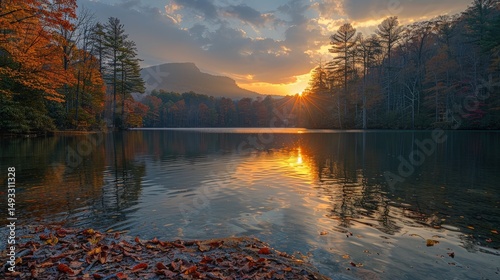 Autumn Sunset over Serene Mountain Lake Breathtaking Fall Colors Reflected in Still Waters