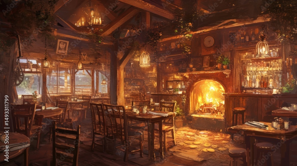Fototapeta premium Cozy pub interior with warm lighting and wooden details