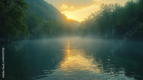 Misty River Sunrise Serene Landscape Photography