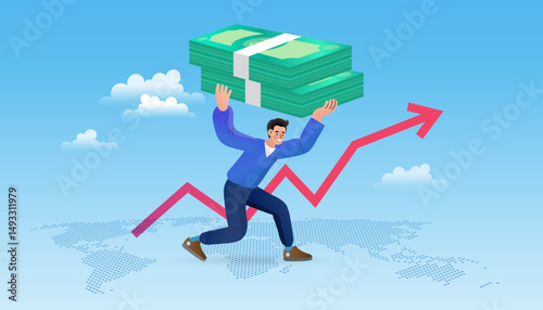 business man running on the graph, heavy holding stack money over head. working hard, risk financial.