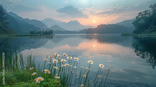 Serene Sunset over Mountain Lake with Wildflowers